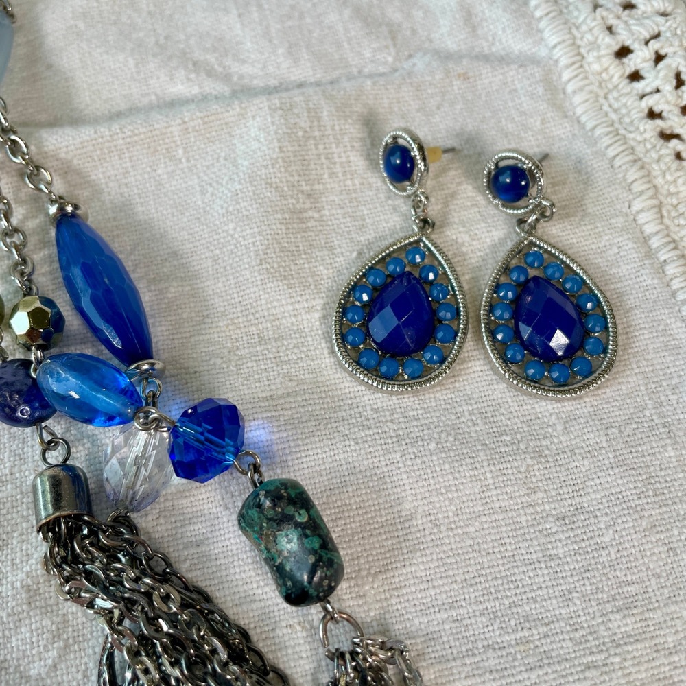Lane Bryant Blue Bead Silver‎ Tone Necklace Earrings Bracelet Jewelry Set Boho
